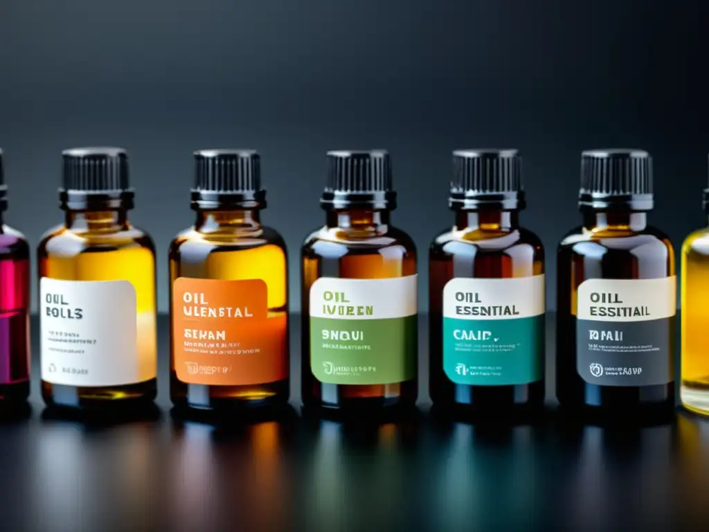 Exquisita composición de aceites esenciales en detalle Vibrantes botellas de aceites esenciales exhiben elegantes etiquetas en un arreglo visualmente impactante