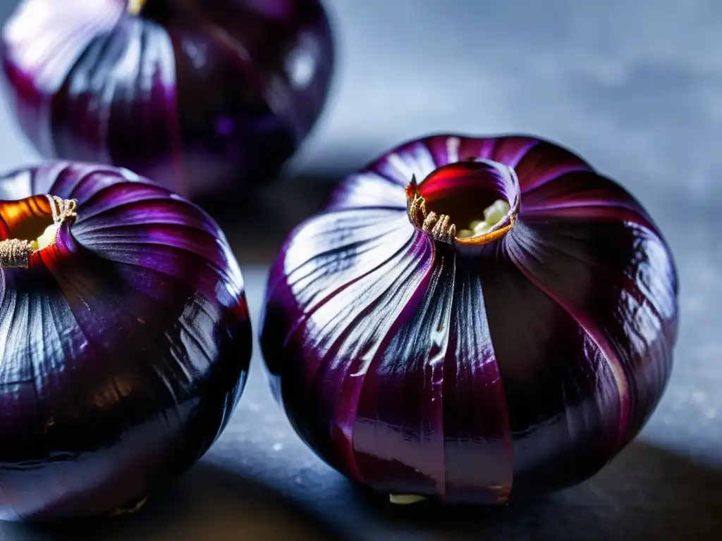 Vibrantes cebollas moradas en detalle, con capas translúcidas iluminadas por la luz natural