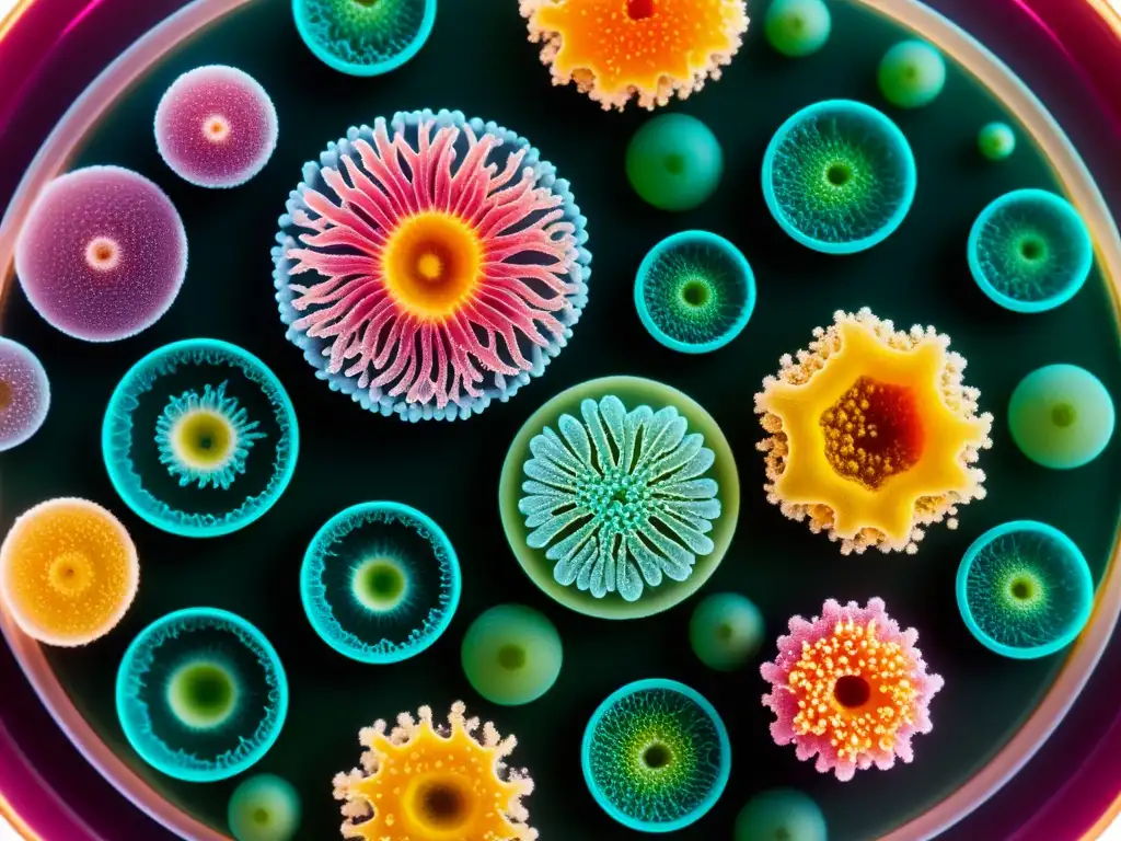 Colonias bacterianas vibrantes: la belleza de los prebióticos Vibrantes colonias bacterianas en una placa de Petri, destacando la diversidad y vitalidad de los beneficios prebióticos para el sistema inmunológico