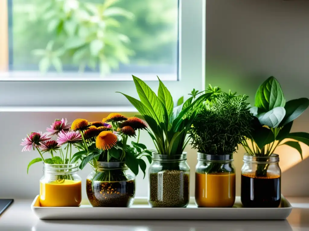 Herbas frescas: vitalidad y color en la cocina moderna Vibrantes hierbas antivirales para sistema inmunológico, meticulosamente exhibidas en una encimera moderna, bañadas por la luz del sol