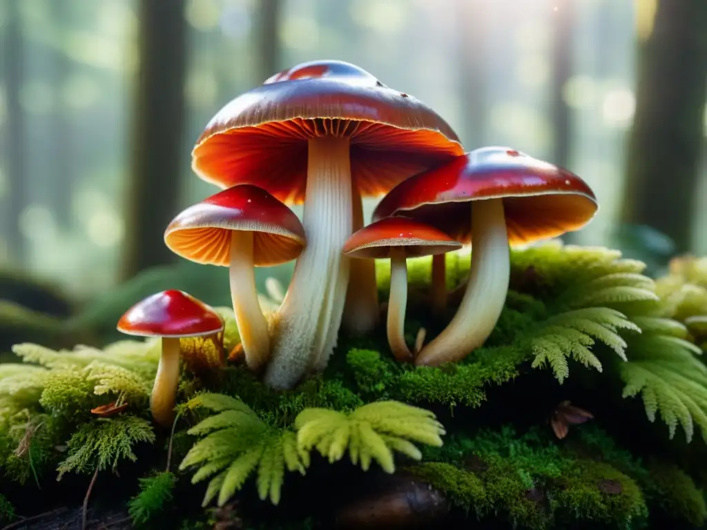 Exuberantes hongos reishi rojos en el bosque Vibrantes hongos medicinales rojos fortalecen inmunidad en mágico bosque iluminado