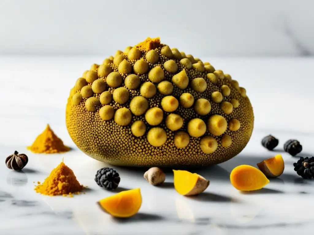 Raíces de cúrcuma y pimienta negra: detalle vibrante Vibrantes raíces de cúrcuma amarilla y granos de pimienta negra dispuestos en un patrón estético sobre una superficie de mármol blanco