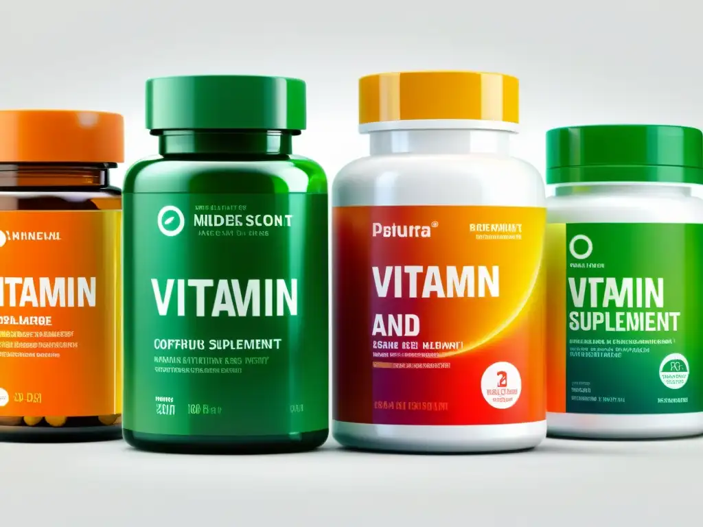 Suplementos vitamínicos: colores vibrantes en fondo blanco Vibrantes suplementos inmunitarios recomendados 2022 en envases coloridos sobre fondo blanco, transmitiendo salud y vitalidad
