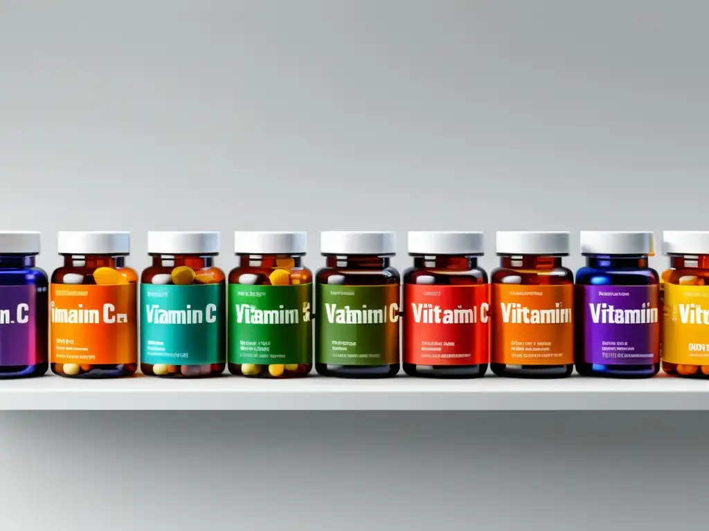 Suplementos de Vitamina C: Diversidad en 8k Vibrantes suplementos de vitamina C para inmunidad en diversas presentaciones sobre elegante exhibidor, en fondo blanco iluminado de forma natural
