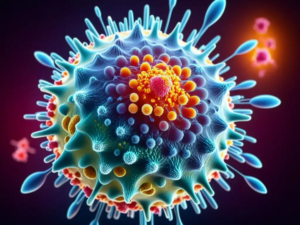 Ataque inmune en detalle: virus asediado por células defensoras Un virus atacado por células del sistema inmune en una escena dinámica y detallada