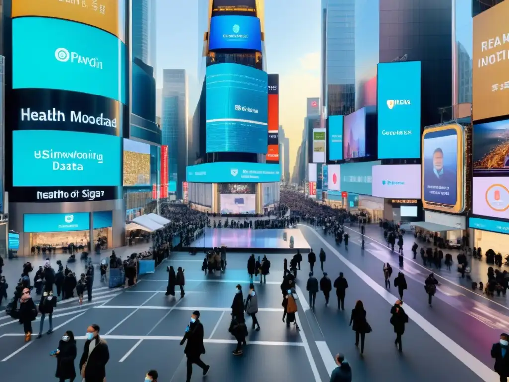 Metrópolis futurista: vigilancia de salud y tecnología AI en la ciudad Vista aérea de una bulliciosa calle de la ciudad con IA para vigilancia epidemiológica digital, hologramas y multitudes con mascarillas