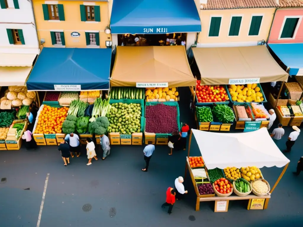 Mercado Mediterráneo: Colores y sabores vibrantes en un paraíso culinario Vista aérea de un bullicioso mercado mediterráneo con frutas, verduras y pescado fresco