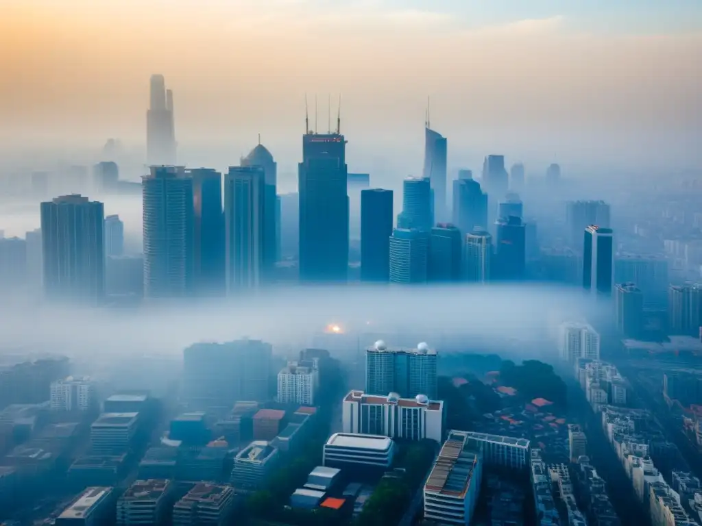 Contaminación atmosférica: ciudad envuelta en smog Vista aérea de ciudad envuelta en smog, con edificios apenas visibles