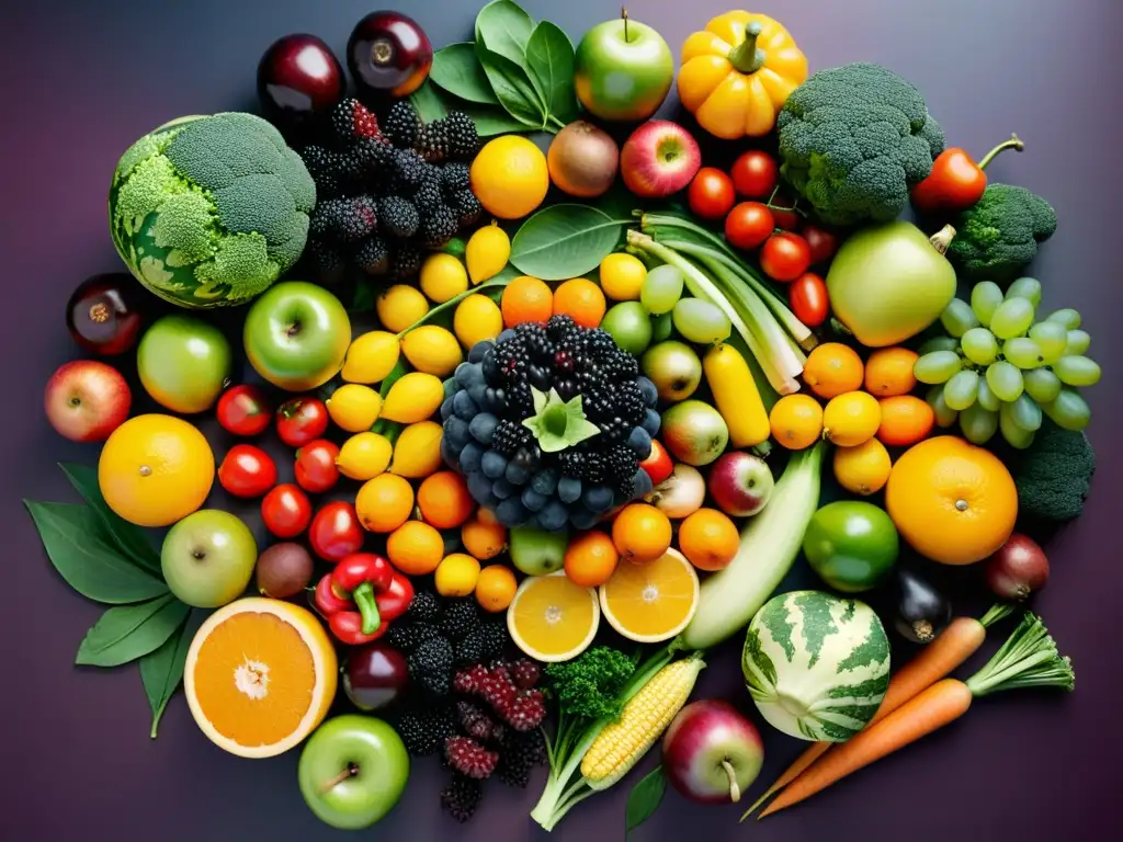 Arte nutricional: Mandala de frutas y verduras en 8K Vista aérea de frutas y verduras vibrantes y detalladas en un patrón circular, destacando la importancia del equilibrio para el sistema inmunológico