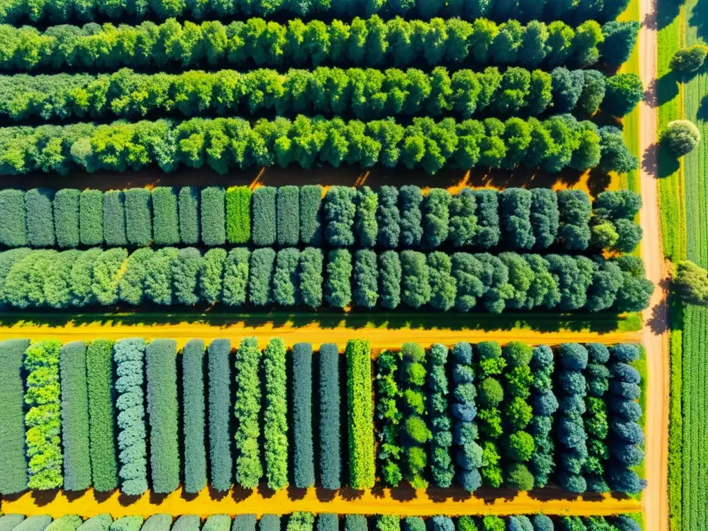 Granja orgánica: kale, zanahorias y arándanos bajo el sol Vista aérea de granja con cultivos variados y coloridos bañados por el sol