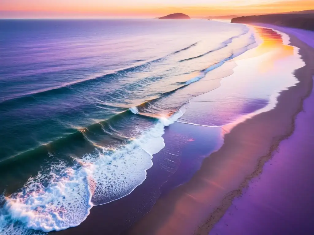 Vista aérea de una playa serena al atardecer, con olas suaves y una figura practicando respiración diafragmática