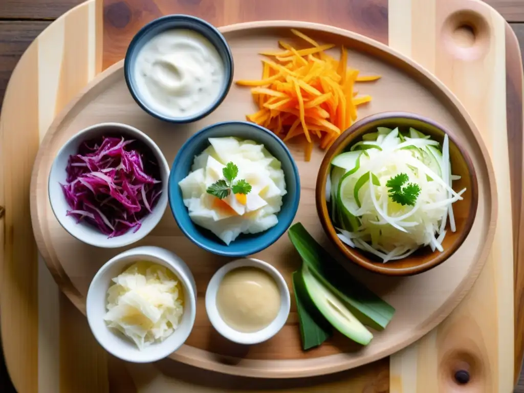 Una vista cercana de alimentos fermentados con colores vibrantes y texturas detalladas en una elegante tabla de madera