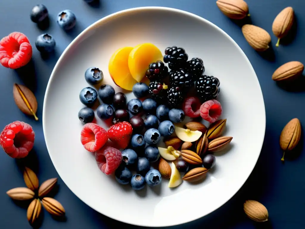 Vista cercana de frutas y frutos secos antioxidantes en un plato blanco, destacando opciones de desayunos para potenciar el sistema inmunológico