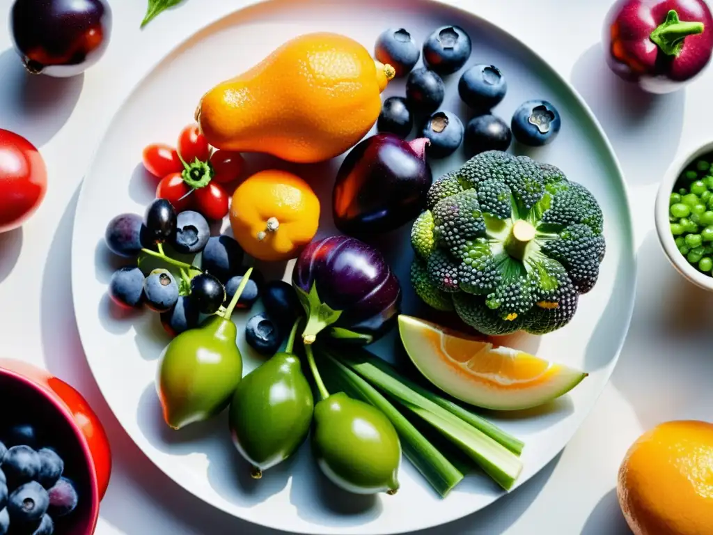 Vibrante variedad de frutas y verduras en plato blanco Vista cercana de frutas y verduras coloridas en un plato blanco, alimentos para fortalecer sistema inmunológico