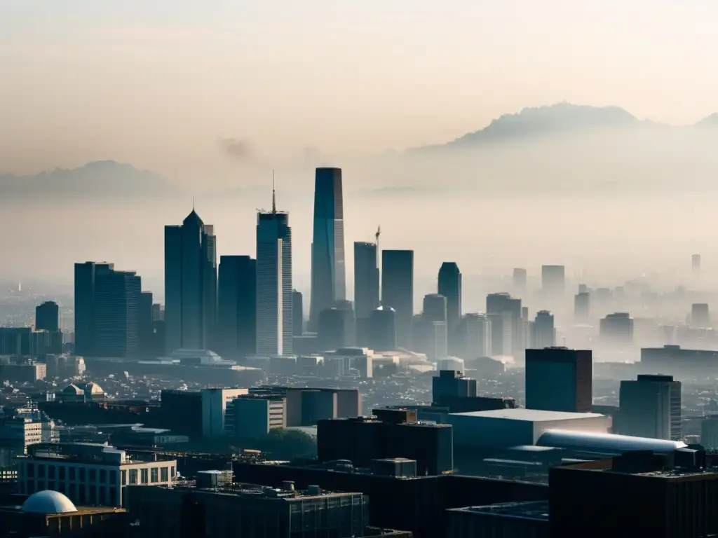 Contaminación urbana: contraste entre aire limpio y contaminado Vista de la ciudad moderna con alta contaminación del aire, resaltando la importancia de dispositivos de monitoreo de calidad del aire