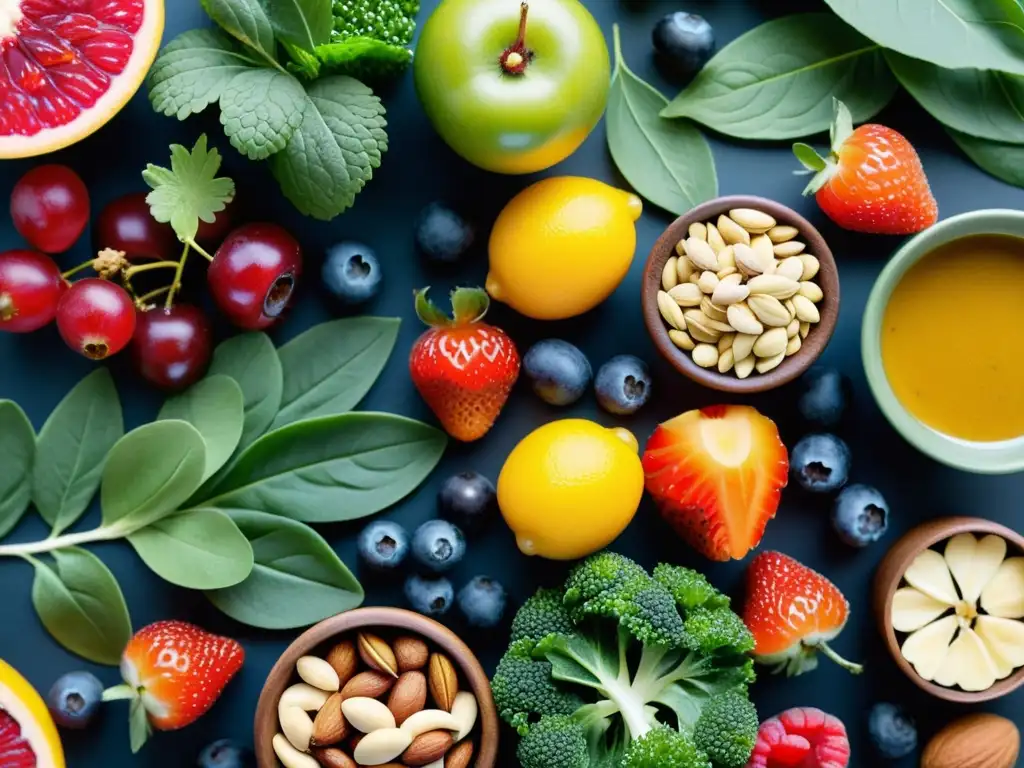 Patrón vibrante de alimentos antiinflamatorios Vista detallada de alimentos antiinflamatorios en una composición colorida y simétrica, promoviendo una dieta antiinflamatoria y fortaleciendo el sistema inmunológico