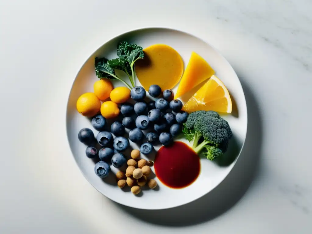 Vibrante variedad de superalimentos en blanco Vista detallada de alimentos potenciadores del sistema inmunológico en plato blanco moderno, resaltando colores y texturas vibrantes