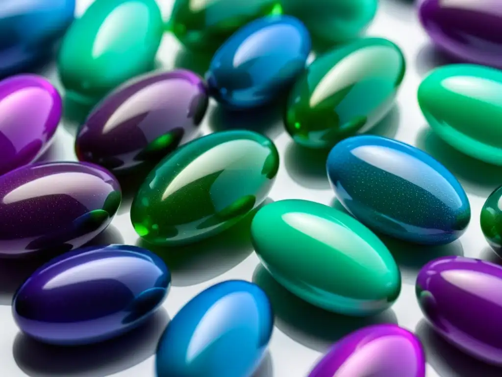 Patrón preciso de cápsulas de probióticos en colores vibrantes Vista detallada de cápsulas probióticas coloridas dispuestas en patrón preciso sobre superficie blanca