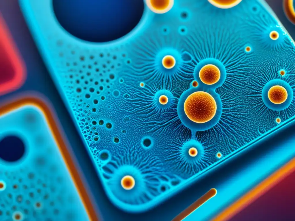 Vista detallada de células del sistema inmunológico en un microscopio, con colores vibrantes y un fondo azul futurista
