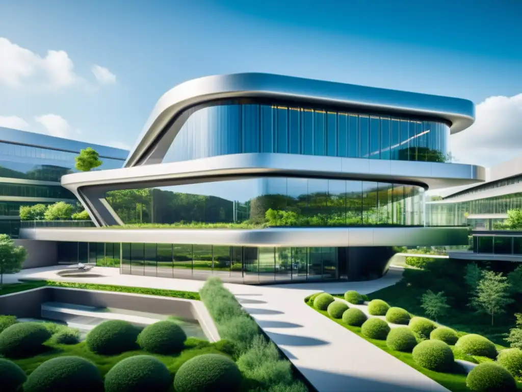 Centro médico futurista: innovación y naturaleza en perfecto equilibrio Vista detallada de un centro médico futurista rodeado de jardines verdes, reflejando tecnología de vanguardia