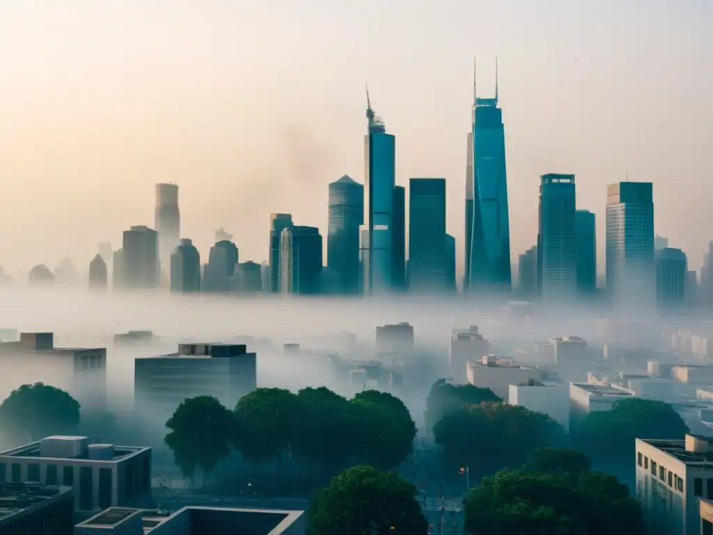 Vigilancia de la calidad del aire en la ciudad Vista detallada de la ciudad envuelta en smog, con personas usando wearables para evaluar calidad del aire en un entorno urbano moderno y tecnológico