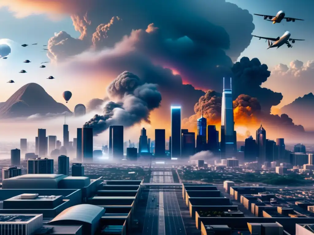 Vista detallada de ciudad futurista con smog y personas usando mascarillas