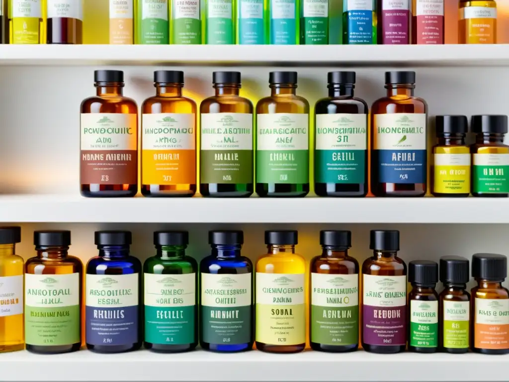 Remedios homeopáticos vibrantes en apotecario moderno Vista detallada de coloridas soluciones homeopáticas en un ambiente moderno, promoviendo la homeopatía para fortalecer sistema inmunológico