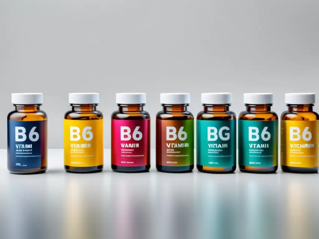 Suplementos de vitamina B6: Detalles en 8k Una vista detallada en 8k de varios frascos de suplementos de vitamina B6 dispuestos en un patrón de cuadrícula sobre un fondo blanco minimalista