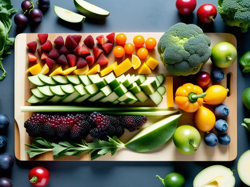 Exquisita variedad de frutas y verduras: ricos prebióticos Una vista detallada de frutas y verduras coloridas en una tabla de cortar moderna, resaltando los beneficios prebióticos para el sistema inmunológico