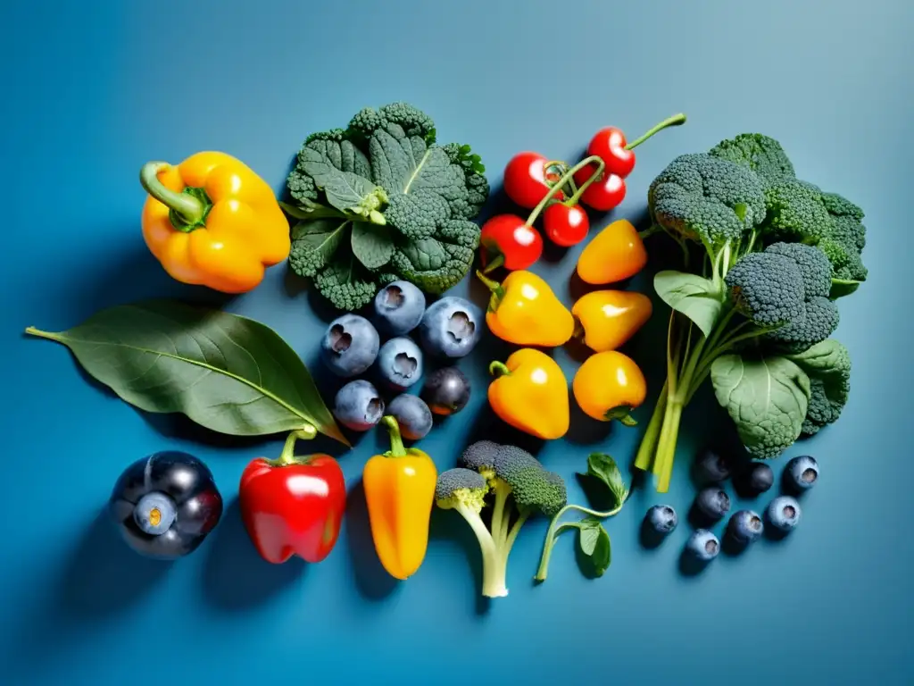Vibrante exhibición de frutas y verduras antioxidantes Vista detallada de frutas y verduras antioxidantes en un arreglo moderno
