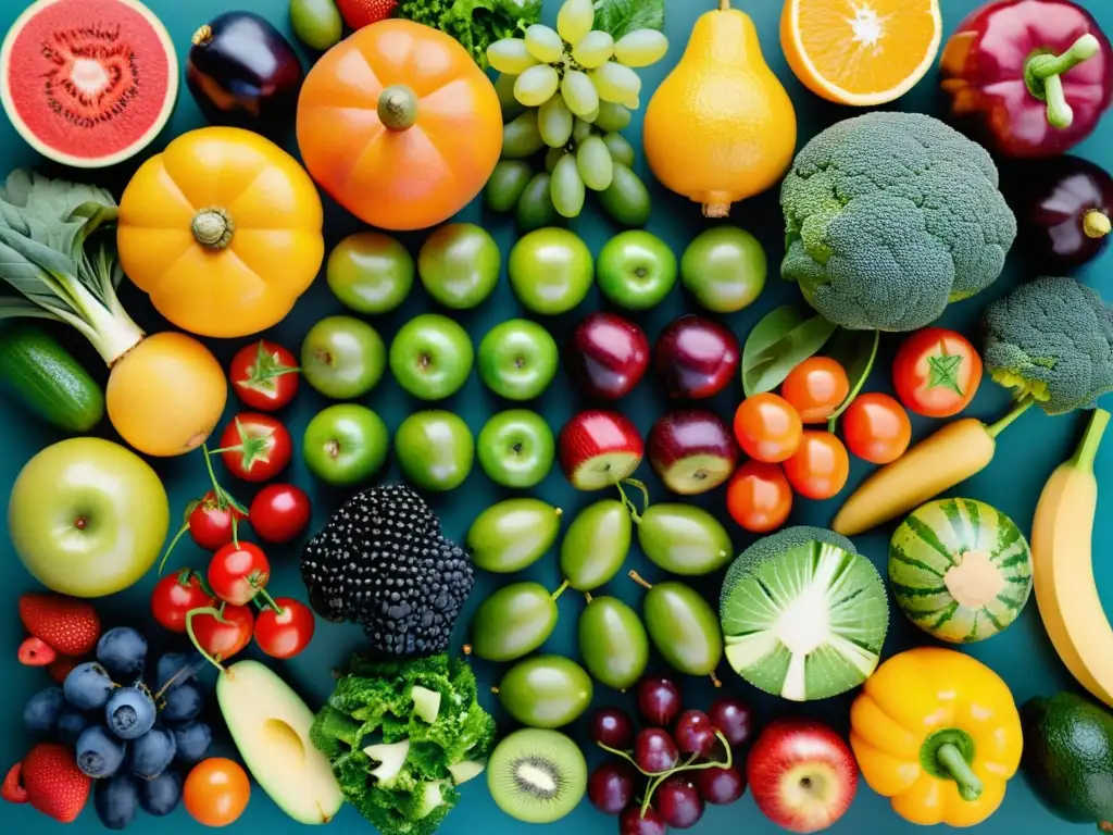 Patrón vibrante de frutas y verduras para fortalecer el sistema inmune Vista detallada de frutas y verduras coloridas en patrón simétrico, ideal para alimentación para sistema inmunológico optimizado