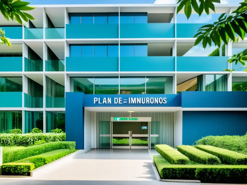 Avanzada hospital: Plan de Salud para Trastornos Inmunológicos Vista detallada de hospital moderno con paisaje verde y cielo azul