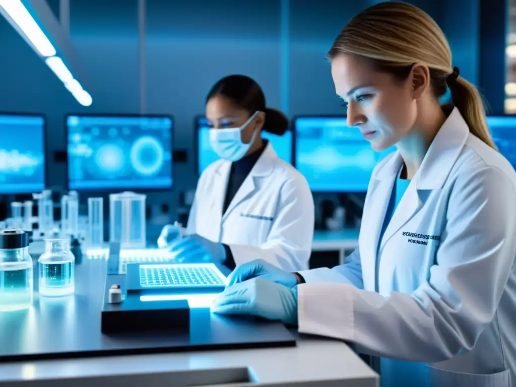 Avanzada investigación en terapia génica: laboratorio futurista Vista detallada de un laboratorio futurista, científicos manipulan herramientas de edición génica bajo avanzada magnificación