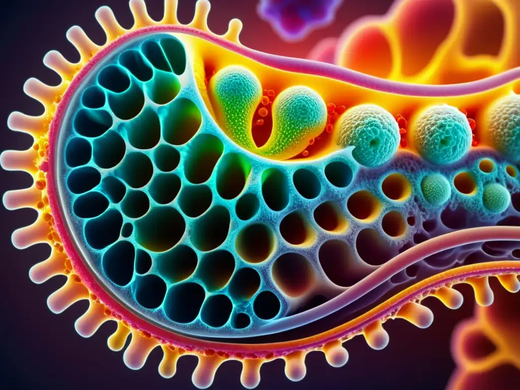 Vista detallada de microbiota intestinal y vacunas, destacando avances médicos y células inmunes en el intestino humano