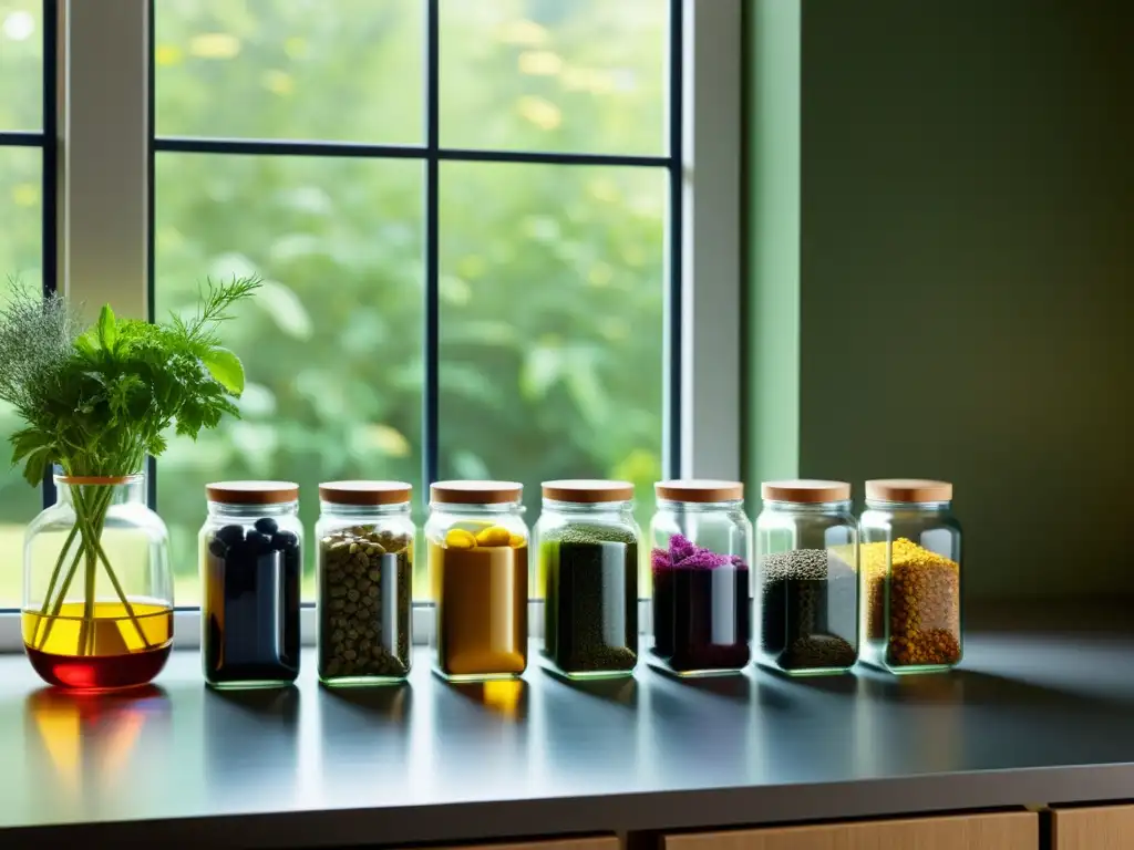 Vista detallada de moderna cocina con suplementos herbarios para sistema inmunológico en frascos de vidrio, bañados por luz natural