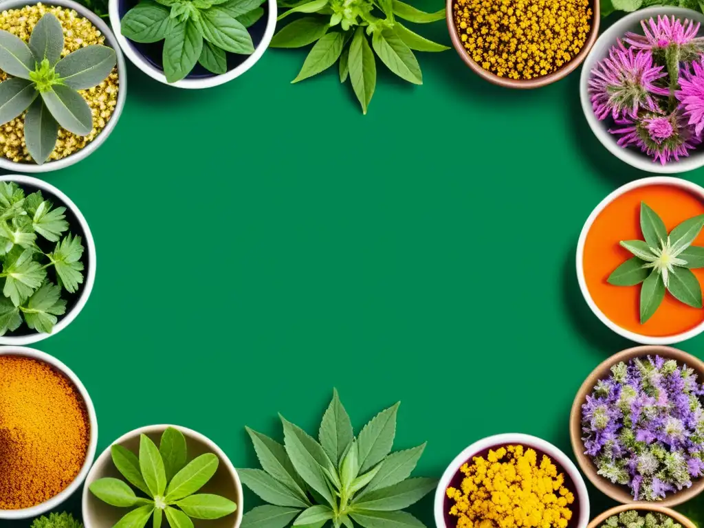 Vista detallada de plantas para suplementos herbarios para sistema inmunológico, creando un patrón visual simétrico impresionante