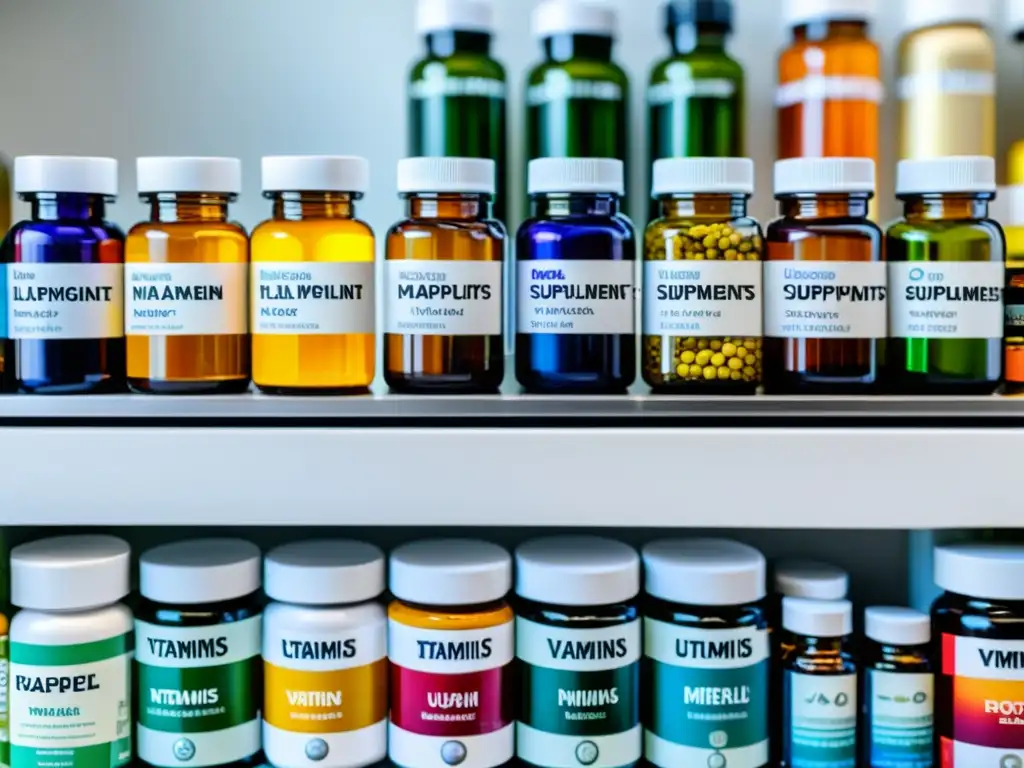 Vitaminas y minerales para una salud inquebrantable Una vista detallada de suplementos coloridos para fortalecer el sistema inmunológico, dispuestos de forma estética en un moderno mostrador blanco