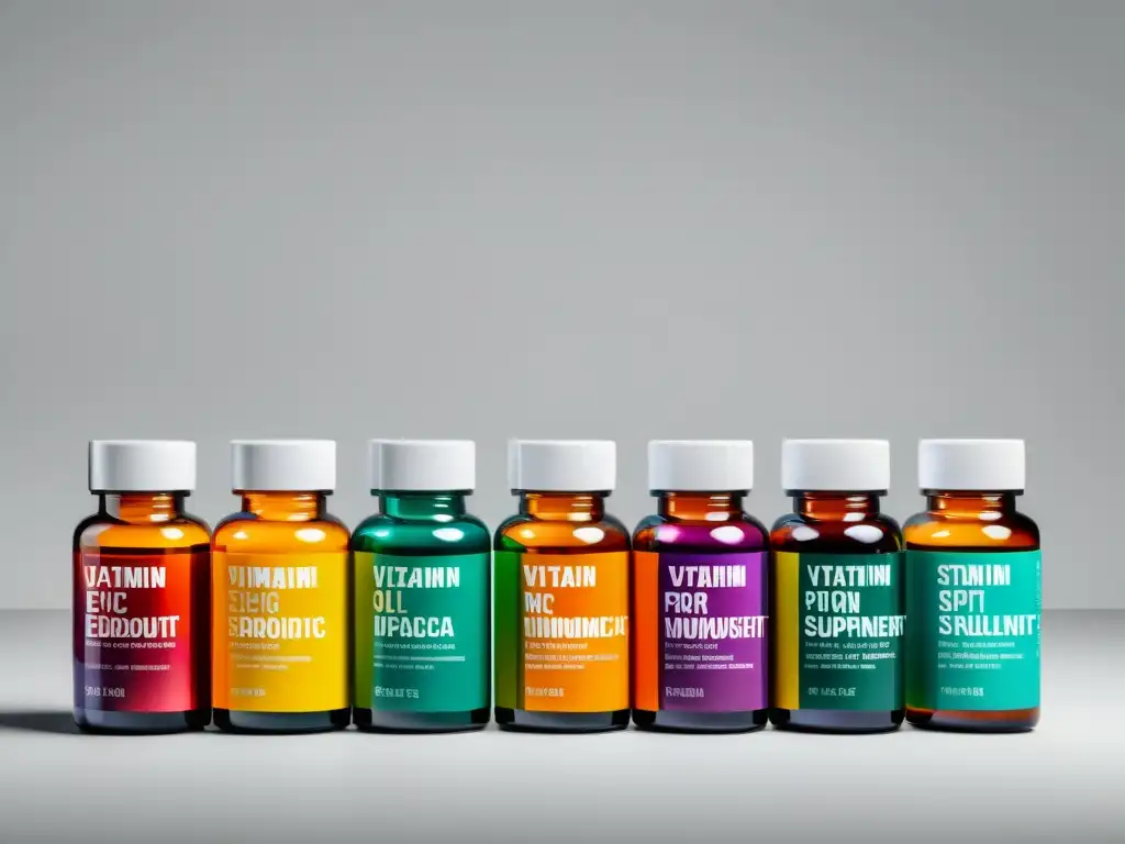 Suplementos Inmunes: Coloridos y Detallados Vista detallada de suplementos para modular respuesta inmunitaria en elegante presentación 8k con etiquetas de ingredientes y diseño minimalista