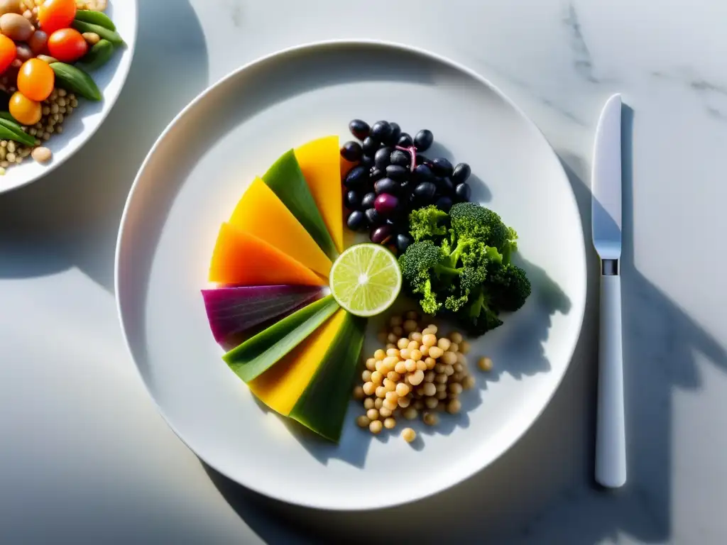 Vista detallada de una variedad de alimentos macrobióticos coloridos en un plato blanco moderno