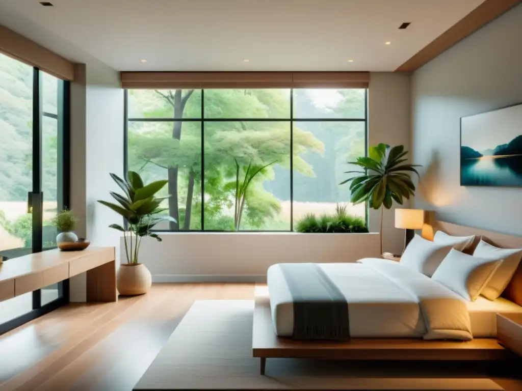 Minimalista dormitorio 8k: tranquilidad y bienestar Vista 8k de un dormitorio moderno y minimalista con luz natural
