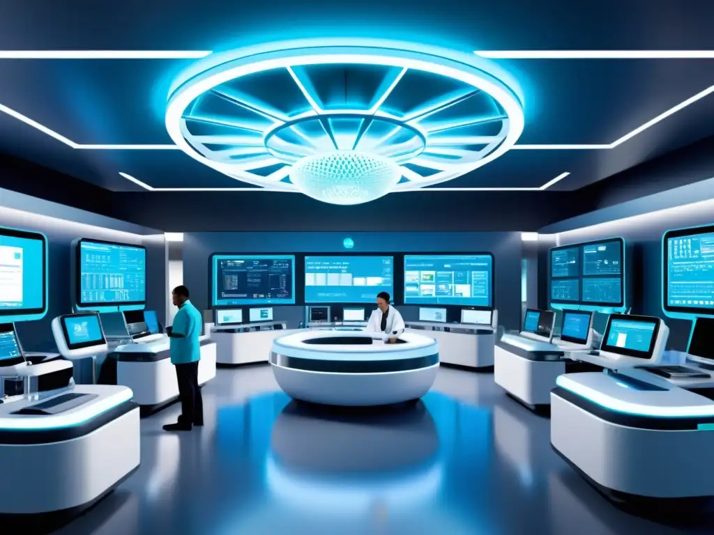 Instalación médica futurista: preparación inmunológica Vista futurista de un centro médico preparado y eficiente, con tecnología avanzada y equipo médico moderno