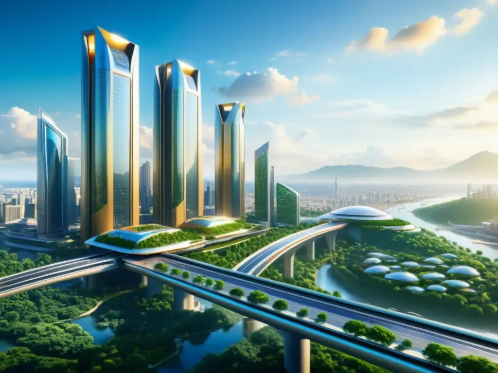 Vista futurista de una ciudad ultramoderna, con rascacielos interconectados por pasarelas brillantes, rodeada de exuberante vegetación