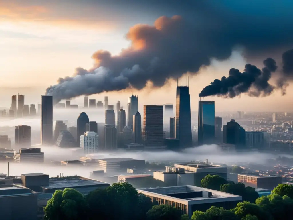 Vista impactante de la ciudad con smog, ilustrando el impacto del cambio climático en alergias y respuesta inmune