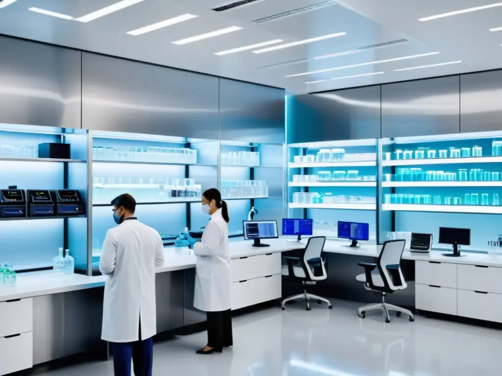 Avanzado laboratorio médico: científicos desarrollando vacunas Vista 8k de laboratorio médico con científicos en batas blancas, desarrollando vacunas