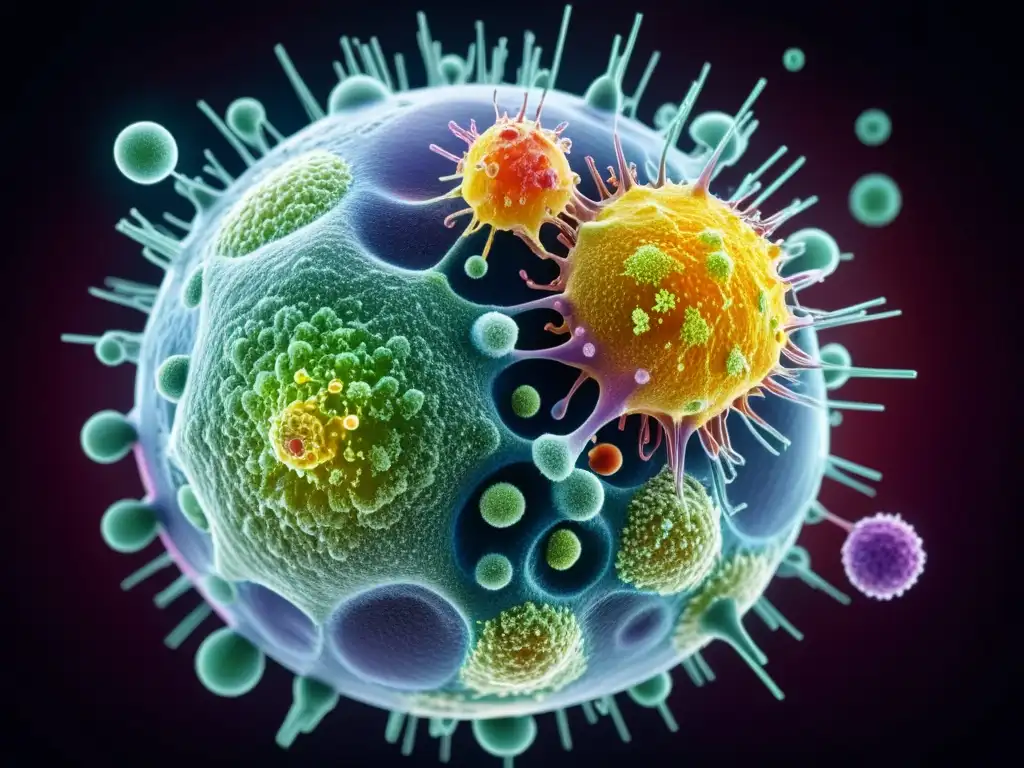 Intrincada lucha celular: células asesinas contra virus Vista microscópica de células asesinas naturales atacando virus, mostrando estructuras celulares y dinámica interacción