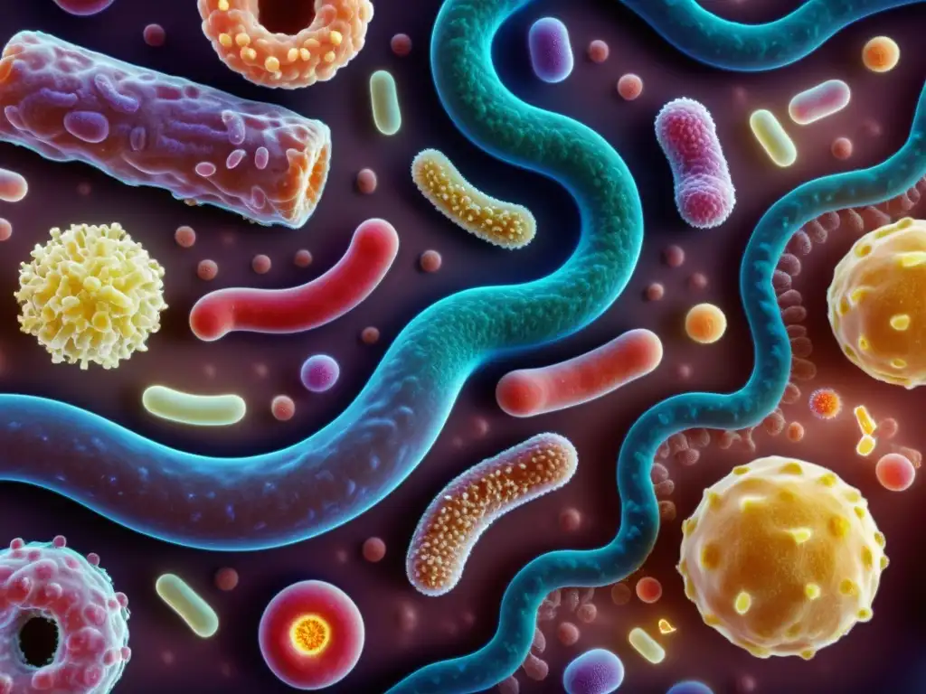 Vista microscópica de microbiota intestinal sana, con diversidad de bacterias en colores vibrantes