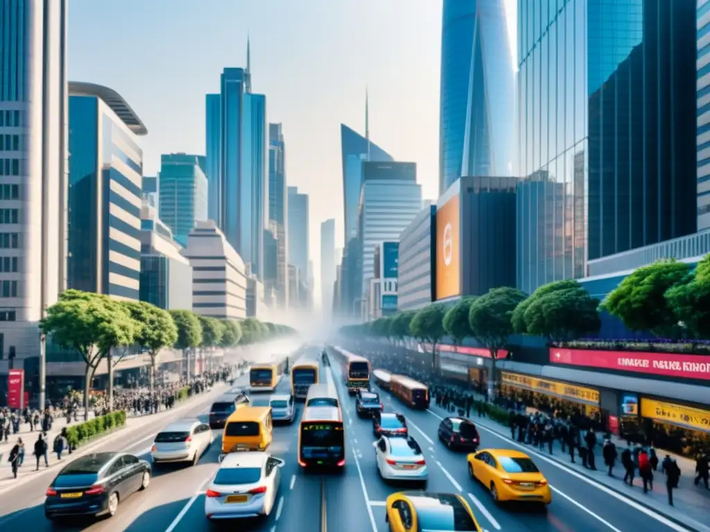Vista urbana con estrés y contaminación, personas usando mascarillas