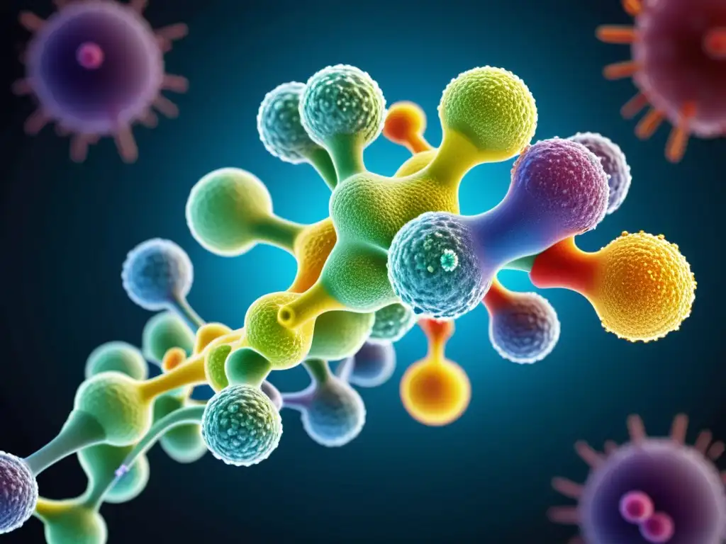 Anticuerpos y antígenos: detallada representación visual Representación visual de la función de los anticuerpos en inmunidad, con detalles molecularmente precisos y colores vibrantes