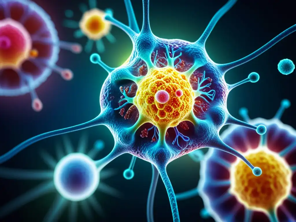 Complejidad inmune: Ataque celular y estructuras moleculares Visual impactante de células del sistema inmune atacando células sanas, destaca complejidad de enfermedades autoinmunes