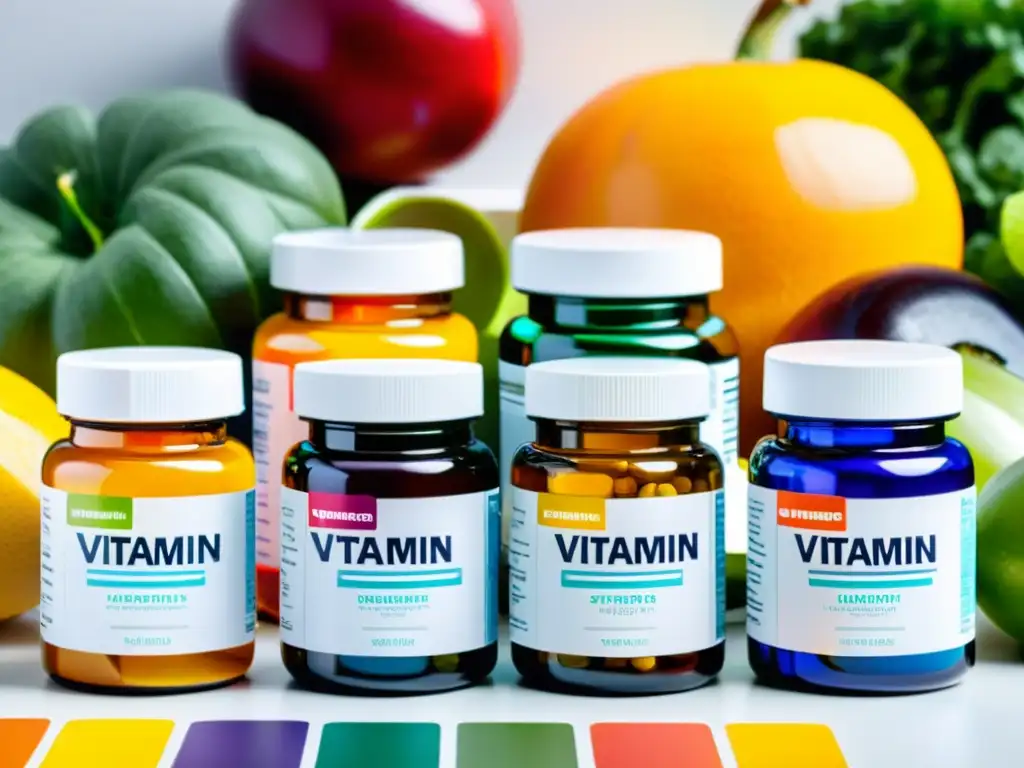 Suplementos vitamínicos: vitalidad en botellas Vitaminas y suplementos para fortalecer sistema inmunológico, junto a frutas frescas en elegante presentación minimalista